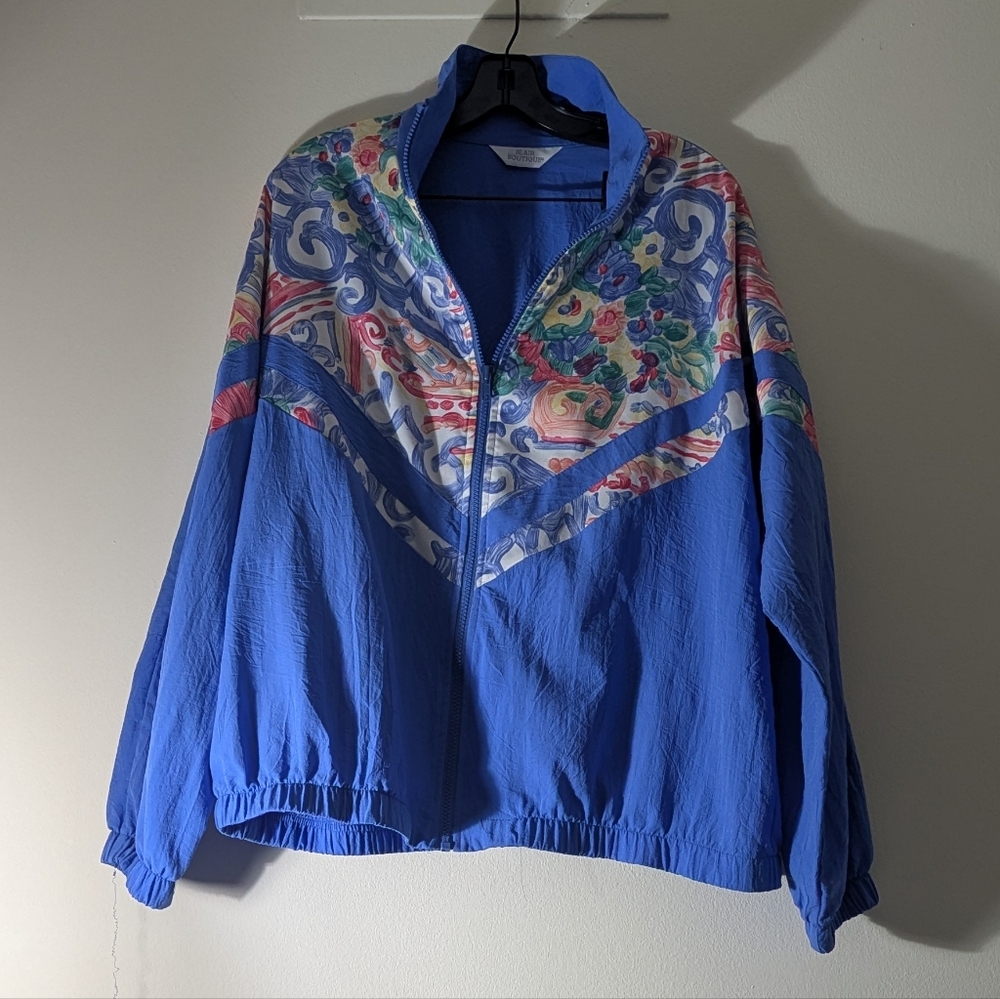 Vintage Blue Windbreaker with Colorful Finger Paint Pattern